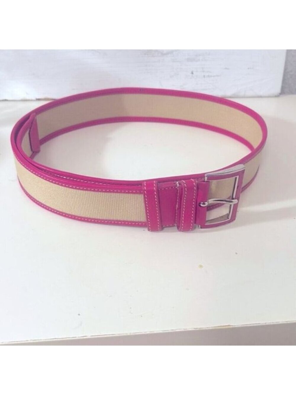 Prada Pink Tan Canvas Leather Belt Size 90/36 Made In Italy Silver Buckle 1C3150